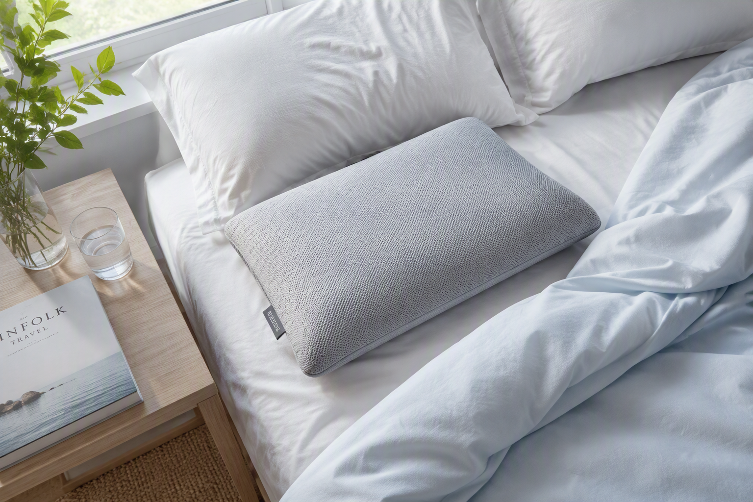 Woman sleeping peacefully on her side on a contoured cooling pillow at dawn